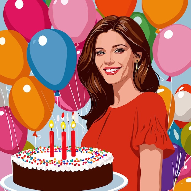 Vector smiling woman celebrating birthday with cake and balloons vector illustration