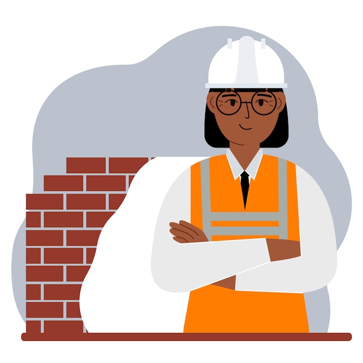Vector smiling woman construction worker in a white helmet and an orange vest. engineer. vector flat illustration