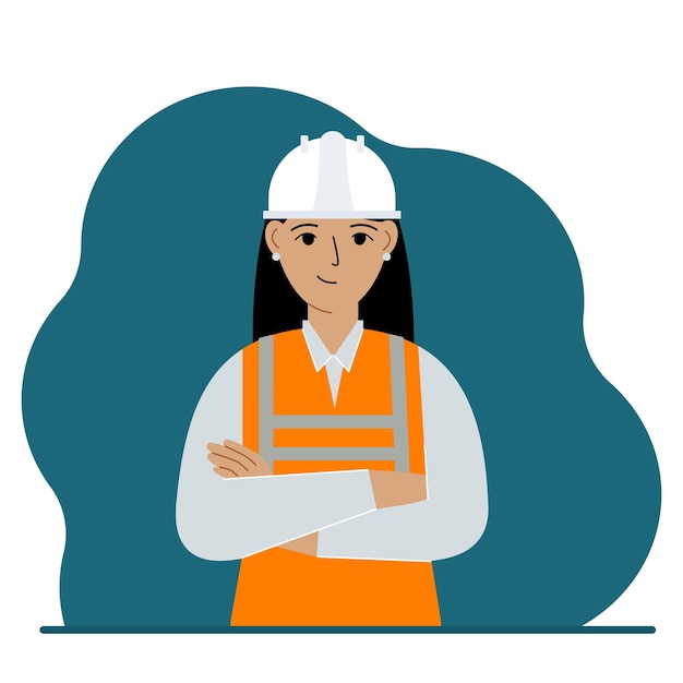 Smiling woman construction worker in a white helmet and an orange vest. Engineer. Vector