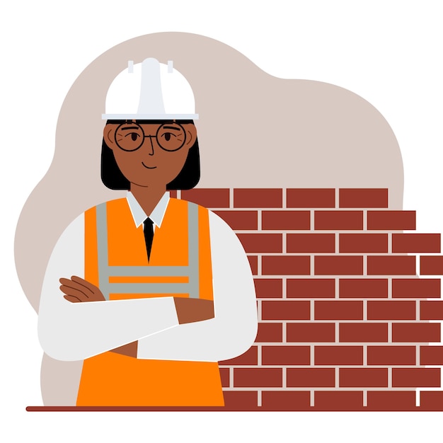 Smiling woman construction worker in a white helmet and an orange vest. Engineer. Vector