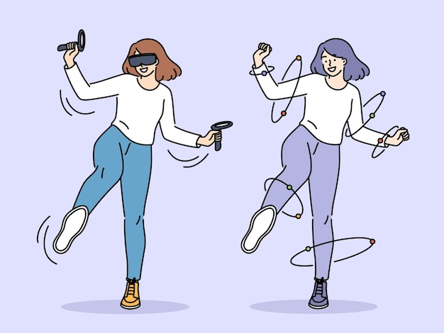 Smiling woman dancing in VR glasses