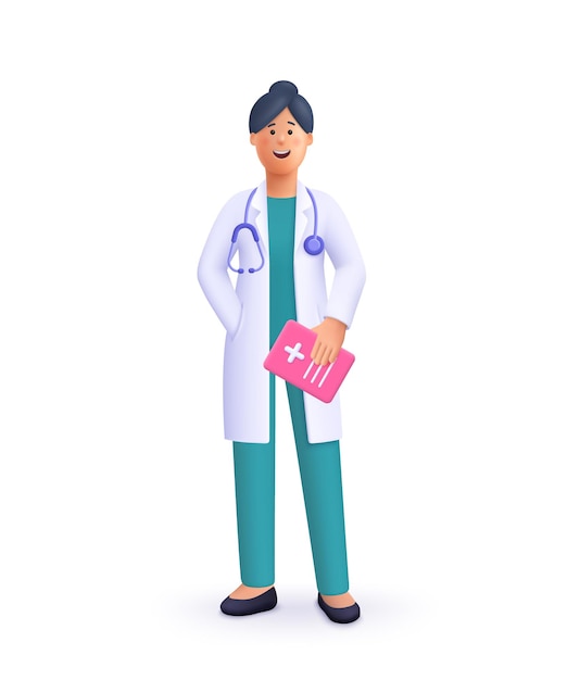 Vector smiling woman doctor holding clipboard wearing uniform and stethoscope healthcare and medicine concept 3d vector people character illustration cartoon minimal style