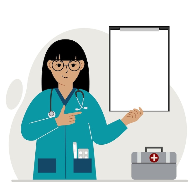 Smiling woman doctor holding a file with blank paper for text. Vector flat illustration