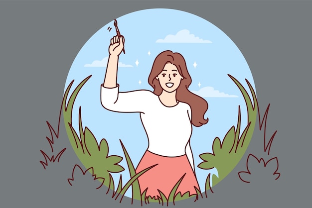 Smiling woman draw nature recover from depression