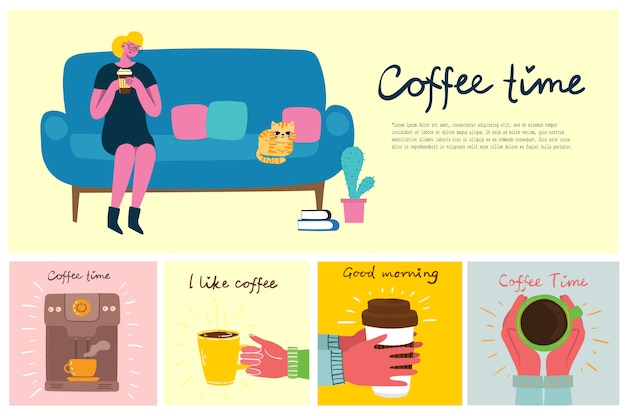 Donna sorridente che beve caffè. schede concettuali di tempo del caffè, pausa e relax illustrazione in stile design piatto