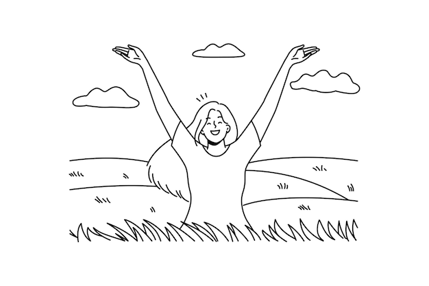 Вектор Улыбающаяся женщина с оптимизмом смотрит в летнее поле