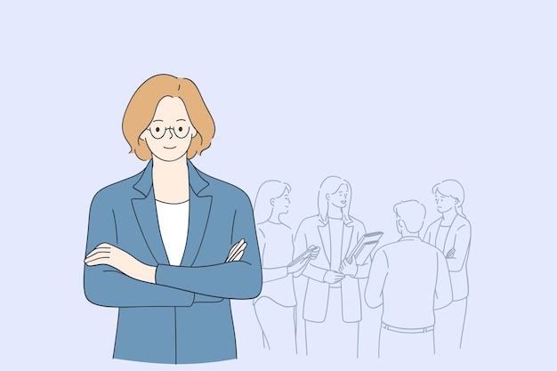 Smiling woman female boss in glasses standing with company processes and colleagues