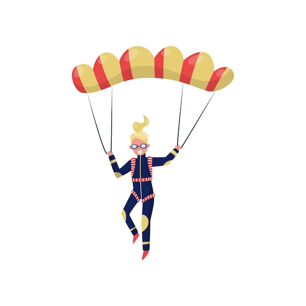 낙하산으로 비행 웃는 여자 전문 스카이 다이버 익스트림 스포츠 활성 레크리에이션 평면 벡터 디자인