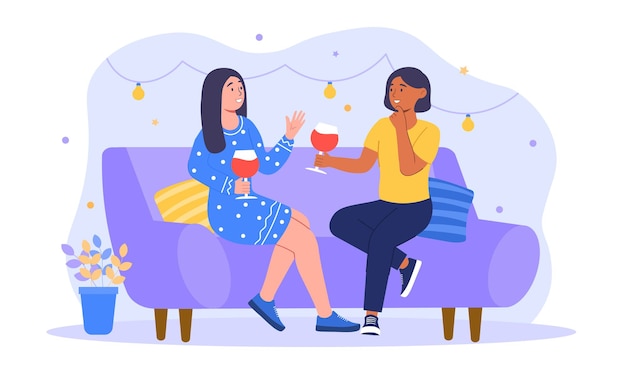 Smiling woman friends drinking wine laughing and gossiping people spending time together sitting on