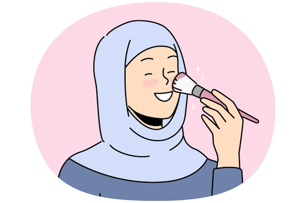 Vettore donna sorridente in hijab che si trucca