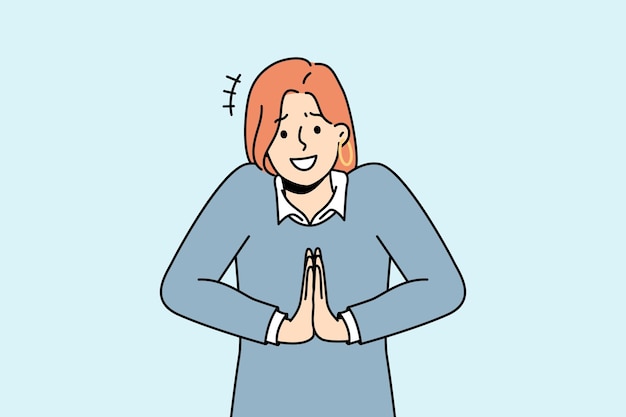 Smiling woman hold hands in prayer ask for favor