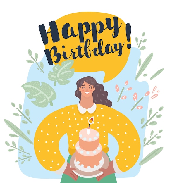 Vector smiling woman holding cake with lit candle