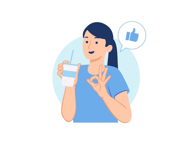 Vector smiling woman holding plastic paper cup with straw drink coffee or chocolate with delicious taste