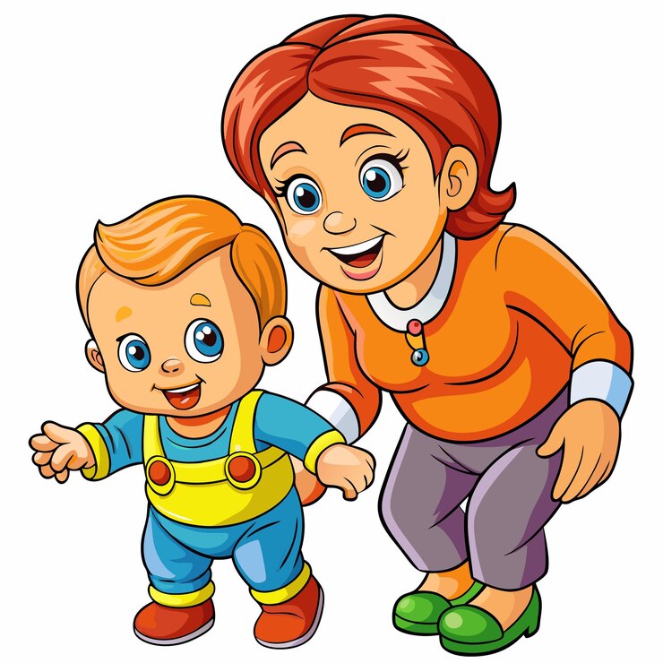 Vector a smiling woman holds the hand of a little boy while walking