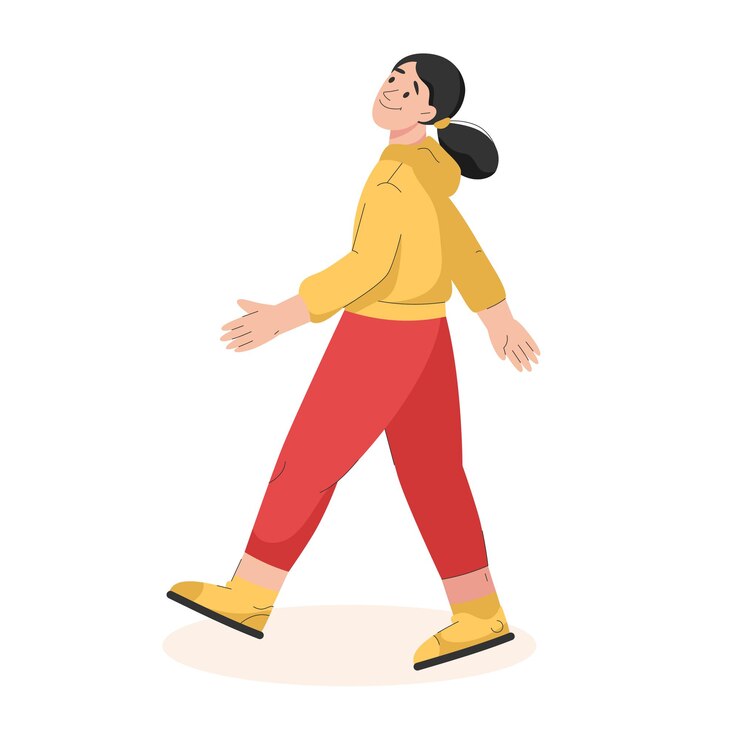 Smiling woman is walking in side view young girl in casual outfit going