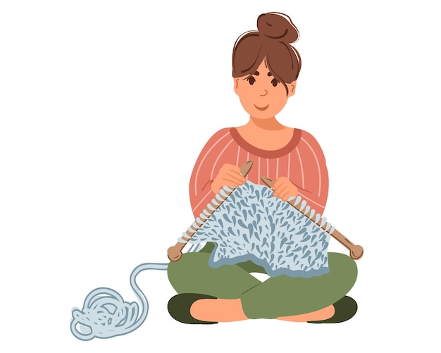 Vector smiling woman knits.