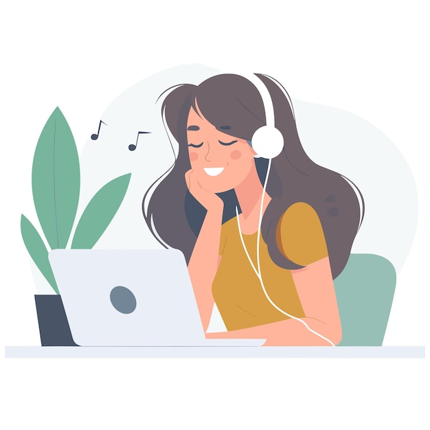 smiling woman listening to music sitting at the desk with her laptop illustration