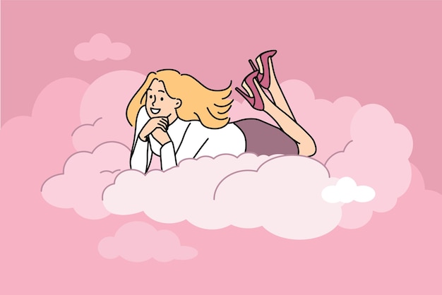 Smiling woman lying on cloud dreaming