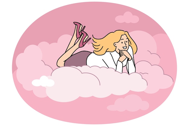 Vector smiling woman lying on cloud dreaming