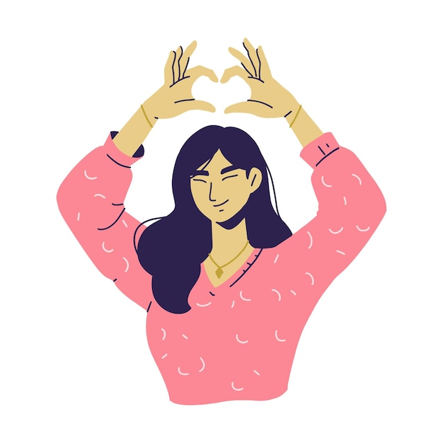 Vector smiling woman make a heart sign flat style illustration
