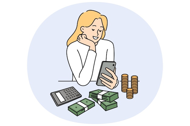 Vector smiling woman manage budget