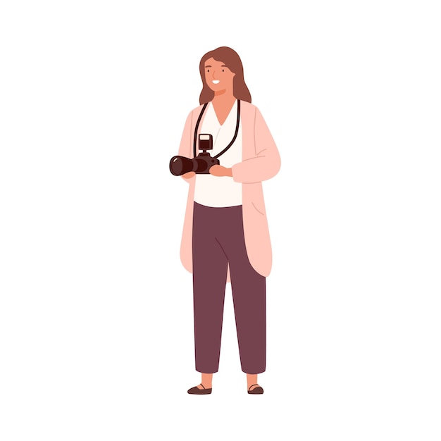 Smiling woman professional photographer holding camera vector flat illustration. Cheerful female standing with photographing equipment isolated on white. Friendly girl enjoying creative hobby.