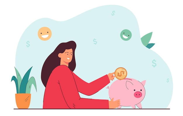 Vector smiling woman putting dollar coin in piggy bank. mother saving money for family flat vector illustration. family budget, savings, investment concept for banner, website design or landing web page