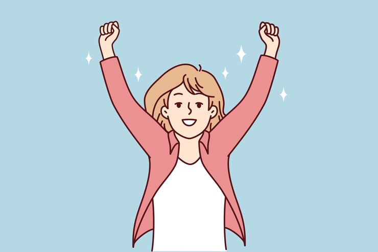 Vector 웃는 여자 손을 들어 승리를 축하