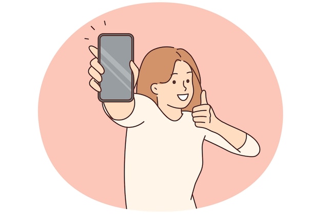 미소 짓는 여자 는 드폰 스크린 의 모형 을 보여 준다