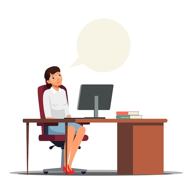 Smiling woman sitting at desk with computer and dreaming at workplace copy space speech bubble overhead