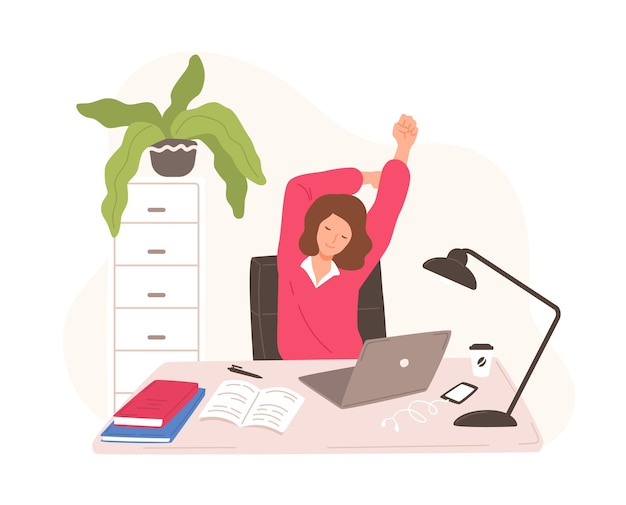 Smiling woman sitting at desk with laptop taking rest and stretching herself. Female office worker or clerk having short break during work at computer. Vector illustration in flat cartoon style.