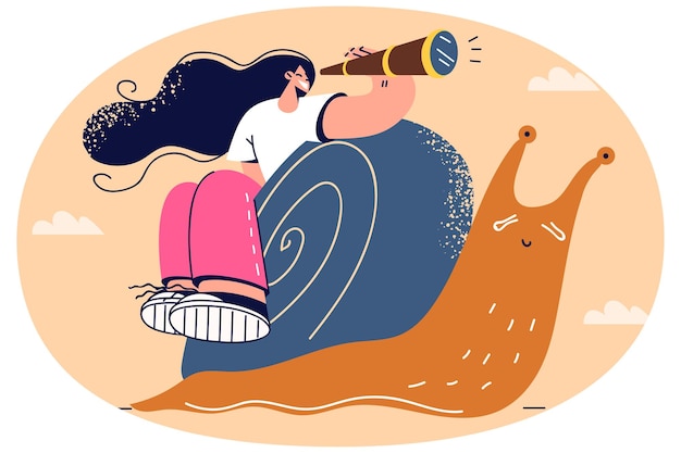 Smiling woman sitting on snail look in spyglass slowly moving to goal Stupid businesswoman have slow business growth or no achievement Loser and failure Vector illustration