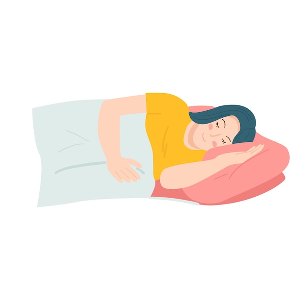 Vector smiling woman sleeping on bed cartoon