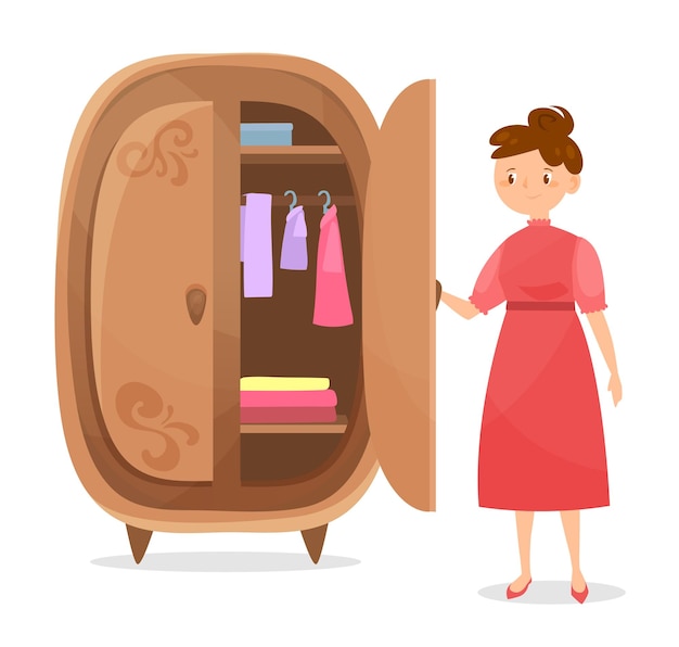 Smiling woman standing looking at wardrobe with clothes. Concept choosing clothes