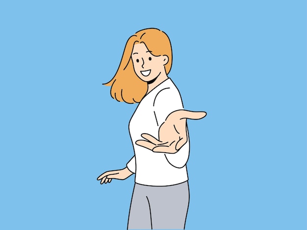 Vector smiling woman stretch hand inviting someone