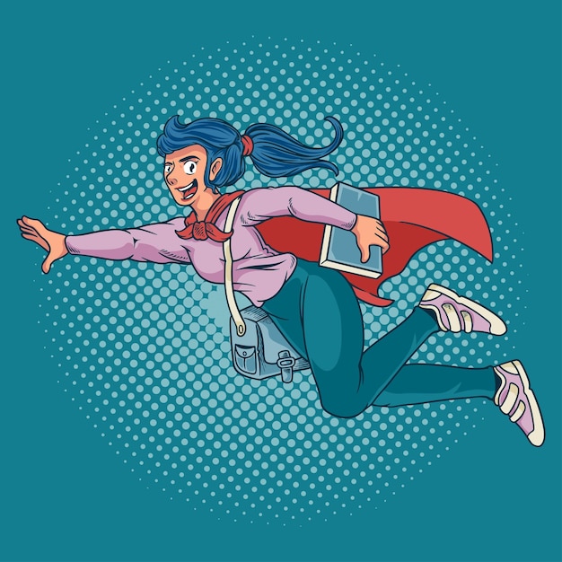 笑顔の女性のスーパーヒーローは、バッグや本を持って学校に飛ぶ