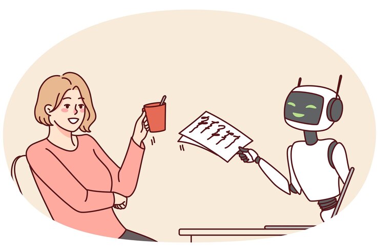 Vector smiling woman talking with virtual assistant on computer girl have conversation with digital bot