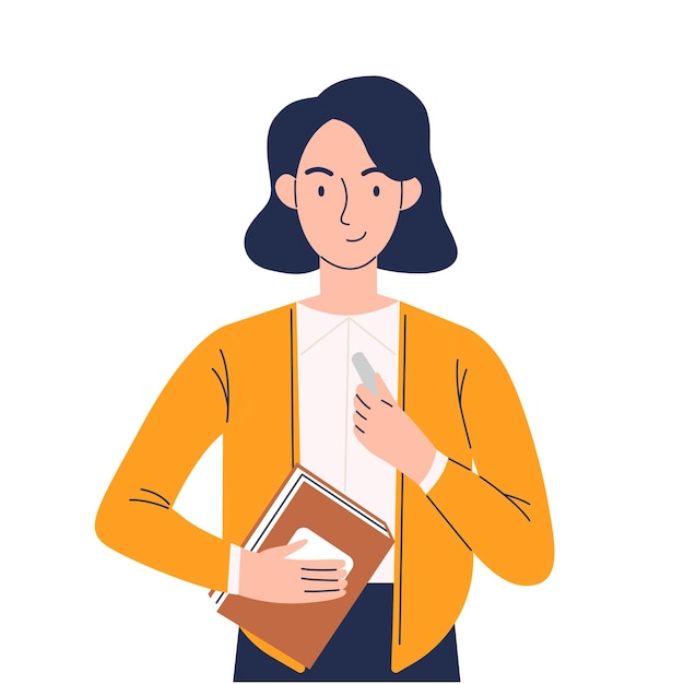 a smiling woman teacher with chalk and a book in her hands in a cartoon flat style