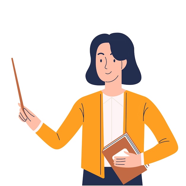 a smiling woman teacher with a pointer and a book in her hands in a cartoon flat style