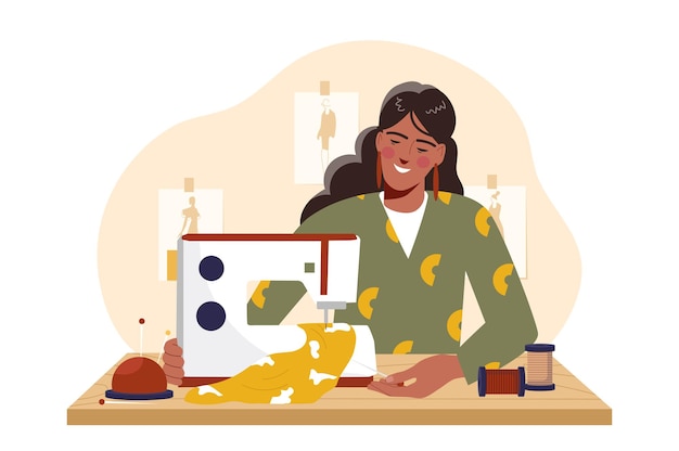 Smiling woman using a sewing machine at a wooden table fashion sketches in background flat graphic