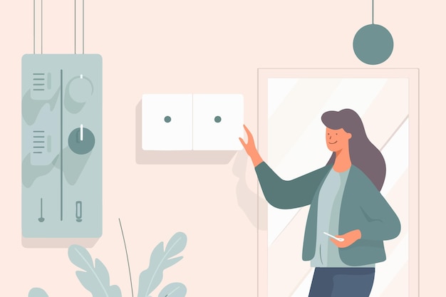 smiling woman using smart home system on wall panel happy female user turning on security or alarm in her apartment indoor technology vector