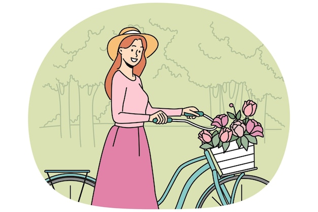 Vettore donna sorridente che cammina in bicicletta con dei fiori nel parco