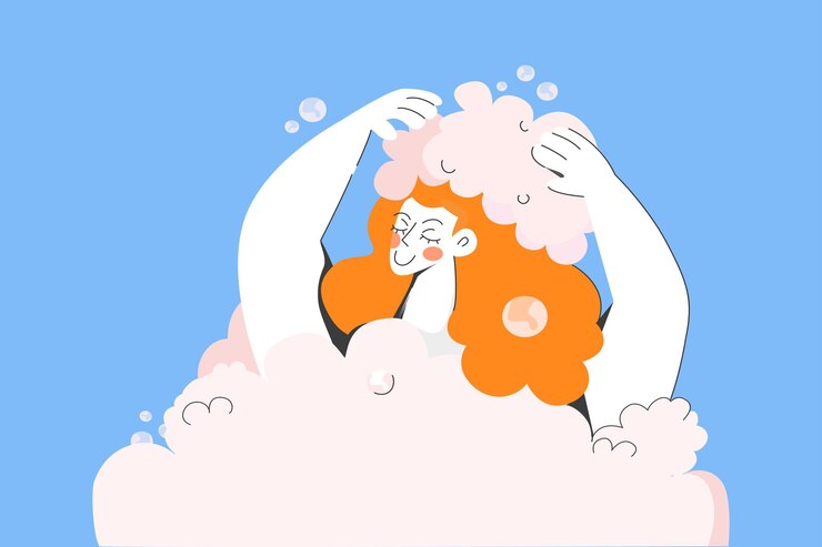 Vector 거품 샴푸로 웃는 여자 세척 머리
