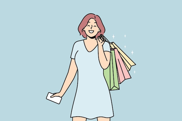 ショッピングに興奮してバッグを持つ笑顔の女性