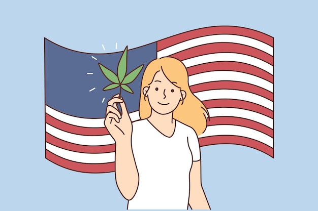 アメリカの国旗の背景に大麻を持つ笑顔の女性