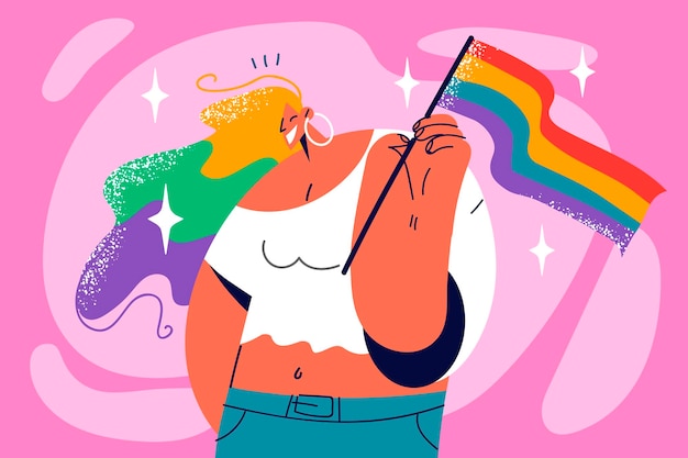 Vector smiling woman with lgbtq flag in hands