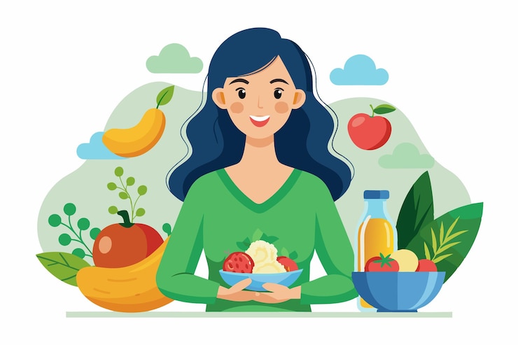 Vector a smiling woman with long blue hair is holding a bowl of fresh salad in front of her the salad is surrounded by other healthy foods like tomatoes bananas and an apple