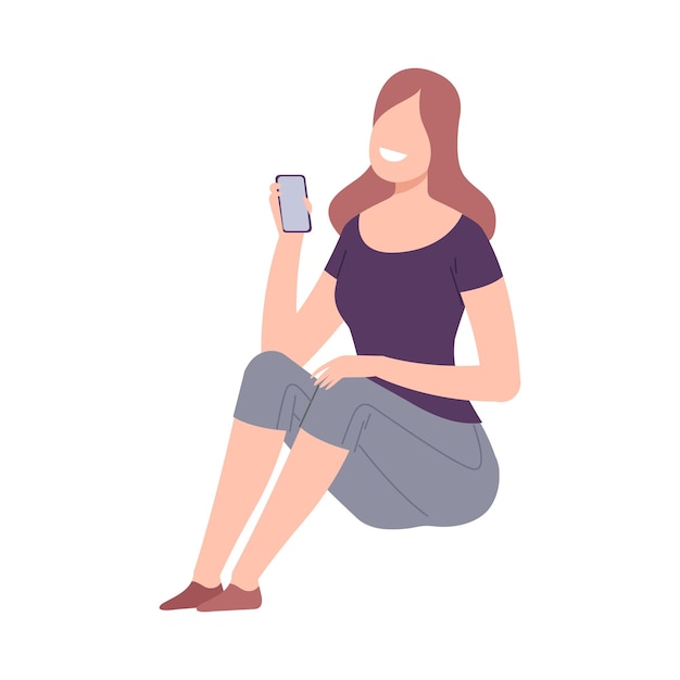 smiling woman with modern digital gadget girl sitting on the floor and communicating using her smartphone flat vector illustration