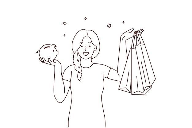 Smiling woman with piggybank and shopping bags