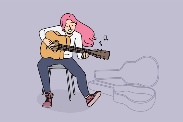 Smiling woman with pink hair play guitar